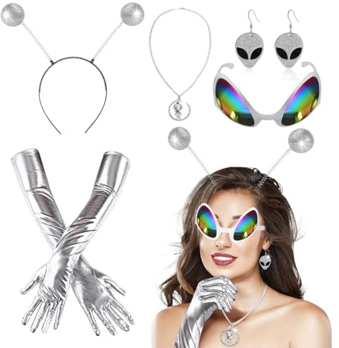 LGZIN 5 Stück Alien Kostüm Set, Alien Outfit Damen, Alie-n Kostüm Damen Space Kostü-m mit alien Haarreif Alie-n Brille, Ali-en Kostümzubehör Set, Space Kostü-m für Dame-n Cosplay Maskerade Karneval
