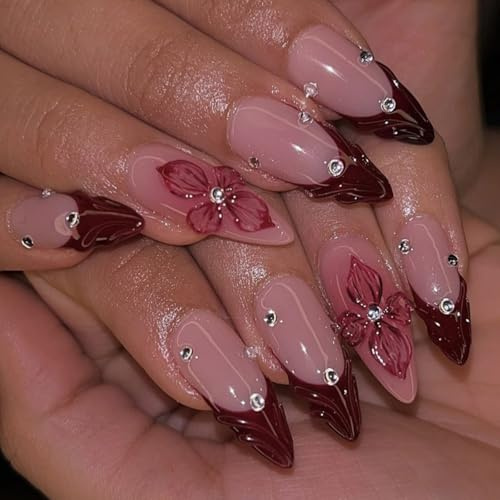 French Tip Floral Press On Nails with Glossy Finish & 3D Rhinestones - Almond Shape with Hand Painted Burgundy Flower Design, ABS Material with Jelly Adhesive Tabs for Elegant Formal Manicure