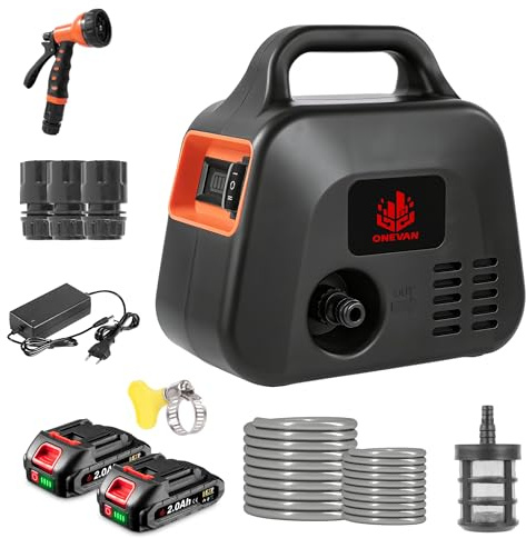 ONEVAN Akku Wasserpumpe, 600L/h Elektrische Gartenpumpe mit Leistungsanzeige, 2×2000mAh Akkus, 2-Gang-Einstellung, Akku Pumpe Wasser Abpumpen inkl. 7-in-1 Düse, Schlauch, Filter (Schwarz, Standard)