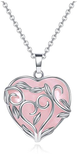 Collier en Cristal de Quartz Rose, Cristaux de cœur enveloppés d'argent, Pendentif en Pierres précieuses, Colliers de Pierres de guérison pour Femmes