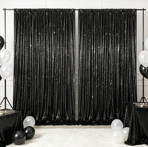 Lot de 2 rideaux à paillettes - 60 x 240 cm - Fond pailleté pour mariage, anniversaire, fond photo - 120 x 240 cm - Avec passe-tringle - Lametta PET (noir)