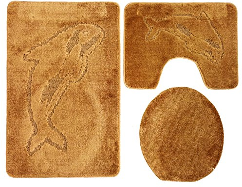 Ilkadim Delphin Badgarnitur 3 TLG. Set 55x85 cm einfarbig, WC Vorleger mit Ausschnitt für Stand-WC (braun)