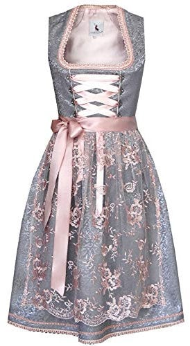 Alpenmärchen Midi Dirndl aus Exklusiver Kollektion inkl. Spitzenschürze, Grau, 48