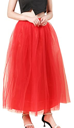 Xmiral Damen Mesh Tüllröcke Plissee Prinzessin Mesh Bubble Petticoat Elastisch Röcke(B-Rot)