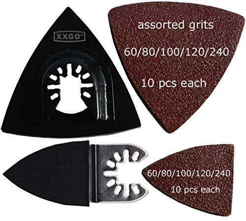 XXGO 102 Pcs Oscillating Tool Sanding Triangular Finger Pads Kits Compatible with Bosch Chicago Craftsman Dremel Fein Harbor Freight Makita Milwaukee Porter Cable Ridgid Ryobi Rockwell XG3102U