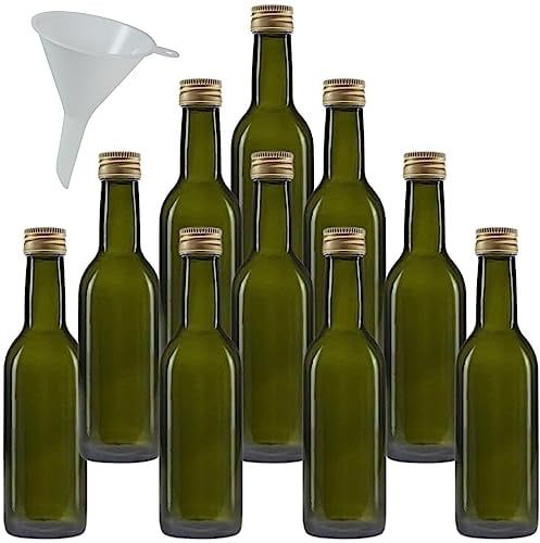 mikken - 10 bouteilles en verre vertes de 250 ml, bouteilles d'huile avec bouchon à vis avec entonnoir.