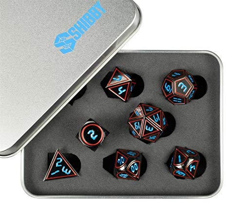 shibby 7 polyedrische Metall-Würfel für Rollen- und Tabletopspiele in Digital Optik D4 inkl. Aufbewahrungsbox