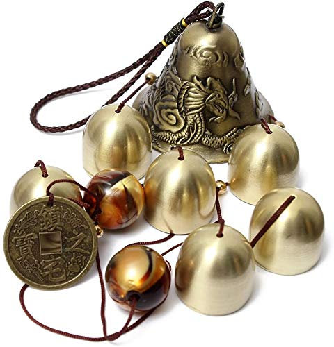MYMM Chianrliu Sonnette à Vent, VI Souhaite la prospérité : Incroyable Traditionnel Chinois, 4 Tubes en Bronze, 5 Cloches et Base en Bois, pour Patio Extérieur, Jardin et Décoration Intérieure (3#)