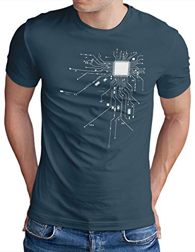 OM3® Computer-Chip-Heart T-Shirt | Herren | Geek CPU Nerd IT Admin Coder | Denim, 3XL