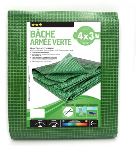TERRE JARDIN Bâche armée Verte 160g/m2 découpable - 3 x 4 - Vert