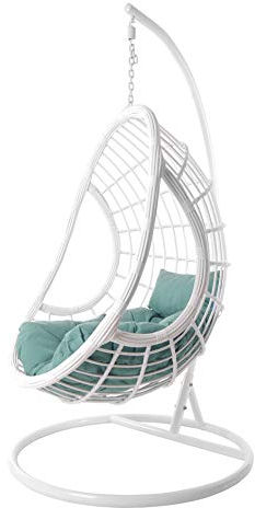 Kideo® Komplettset: großer Hängesessel mit Gestell & Kissen, Hängesessel weiß, Lounge Möbel, Poly-Rattan, weiß (Kissen: türkis Chesterstepp (5060 Ocean))