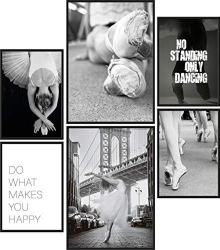 Papierschmiede® Mood Poster Set Ballerina, Fertiges Bilder Set mit Rahmen (Holz, schwarz), Wohnzimmer Deko Schlafzimmer, 2x DIN A4 und 4x DIN A5, Tanzen Ballett Kleid schwarz-weiß