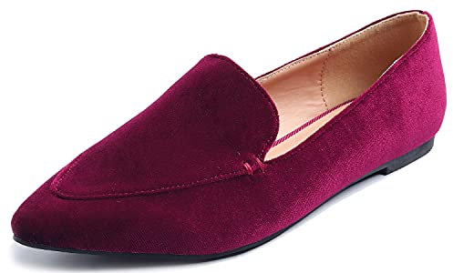 Feversole Women's Pointed Pumps, de Mujer I Flats Pisos de Mujer I Pisos Puntiagudos I Zapatos sin Cordones Bailarinas Terciopelo Rojo Oscuro 38 EU