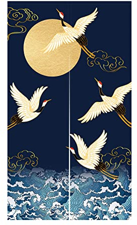 LIGICKY Japanischer Stil dick Leinen Noren Lang Vorhänge White Crane Meereswellen und Mond Türvorhang Raumteiler Tapisserie für die Heimtextilien Raumteiler 85 x 150 cm Blau