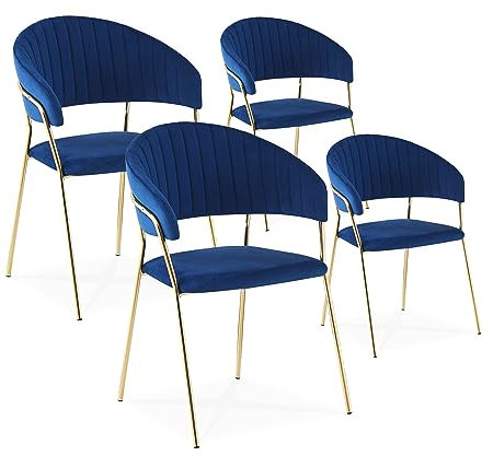 INTENSE DECO Lot de 4 chaises Margaux Velours Bleu Pieds Or