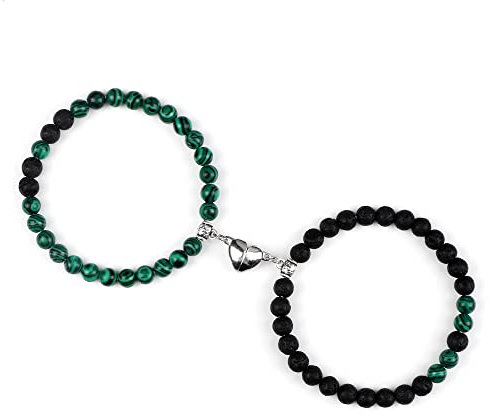 Armkette Herren, 2 Stück Kreative Distanz Magnet Herz Freundschaftsarmband Lava Malachit Stein Armband Mit Elastischem Seil Chakra Armbänder Charm Schmuck Für Frauen Männer