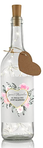 LIEBTASTISCH Hochzeits Flaschenlicht Personalisiert Just married - Weinflasche -Geldgeschenk zur Hochzeit - Hochzeitsgeschenk für Brautpaar Personalisierte Hochzeitsflaschen (Just married)