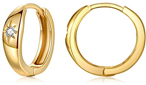 Gold Hoops Earrings for Women, 925 Sterling Silver Post Small Gold Starburst Huggies Hoop Earrings with AAA Cubic Zirconia, 12mm Hypoallergenic Chunky Hoop Earrings for Mens Girls
