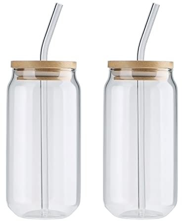 Plcnn Trinkgläser, Bierdosengläser, Glasbecher mit Bambusdeckel, Strohhalm, Biergläser, 555 ml, Eiskaffeegläser für Eis, Soda Tee, 2 Stück