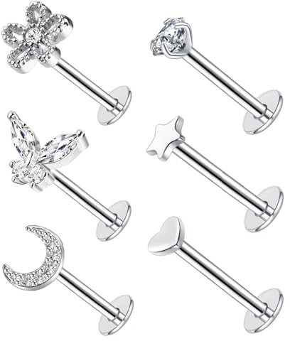 Besyvvin 6er Lippenpiercing Labret Stecker 1,2mm Chirurgenstahl Piercing Lippe Helix Tragus Knorpel Steckers 8mm Silber Gold