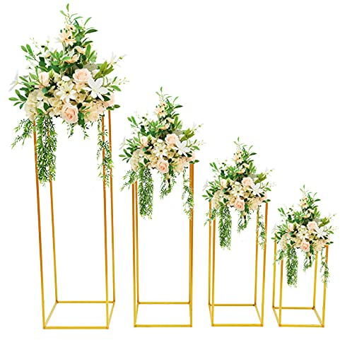 4 Stück Hochzeit Mittelstücke Goldvasen, 40cm, 60cm, 80cm, 100cm Hoch Blumenständer Metall Bodenvase Säule Geometrische Mittelstücke Steht Rechteckiges Display Rack für Hochzeiten Party Dekorationen