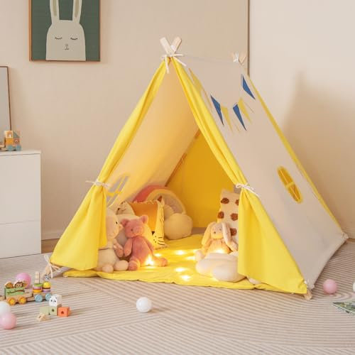 COSTWAY Kids Teepee Tent, Cotton Children’s Play Tents with Flag, Windows, Indoor Outdoor Playhouse for Girls & Boys