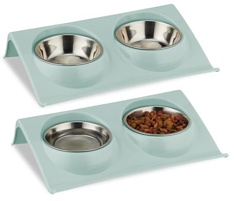 Relaxdays Doppelnapf, 2 Fressnäpfe, 150 ml, Katzen Fressnapfset, Wassernapf erhöht, HxBxT 6,5 x 29 x 19 cm, blau/Silber