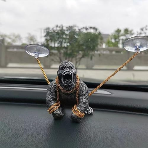 FOWSEEK Gorilla Auto & Home Dekoration, Goldstatue mit Anti-Rutsch-Matte & Kette, süßes & skurriles Geburtstagsgeschenk