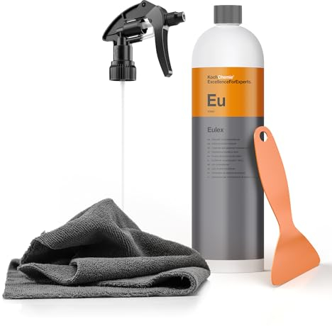 Klebstoffentferner Set | Koch Chemie Eulex 1l Klebereste Entferner + Sprühkopf + Mikrofasertuch+ Schaber | Entfernt Kleberückstände wie Aufkleber Etiketten von Glas Lack Metall | Etikettenlöser