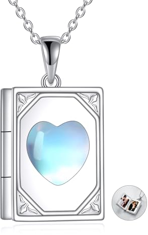 POPLYKE Buch Liebe Herz Liebe Mondstein Foto Medaillon Anh?nger Halskette Charm Sterling Silber Erinnerung Foto Halter Schmuck Geschenk