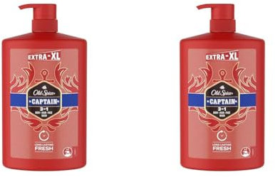 Old Spice Captain Shower Gel Men 1000ml, 3-in-1 Mens Shampoo Body-Hair-Face Wash, Long-lasting Fresh VALUE PACK 1L With Pump (Pack of 2)