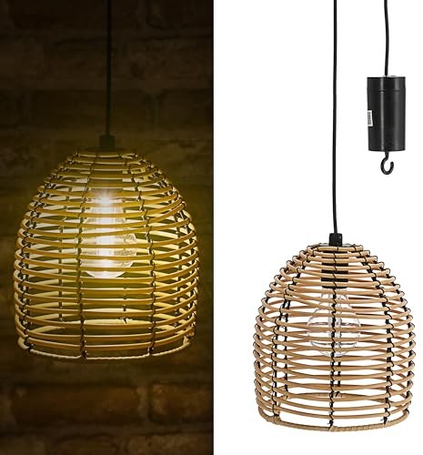 LED Rattan Lampe | batteriebetrieben 16x18x16cm warmweiß Zuleitung 80cm | Hängelampe mit Timerfunktion Outdoorgeeignet