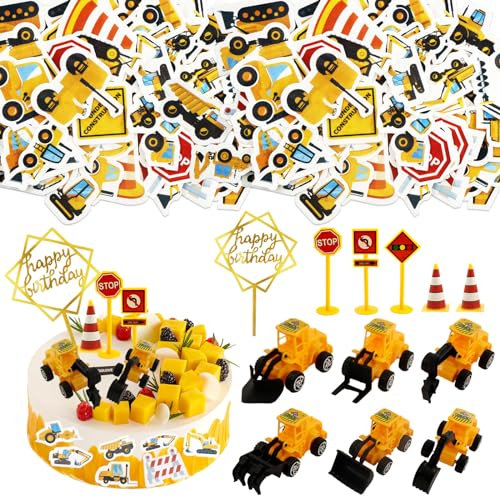 76 Stück Baustelle Tortendeko,64 Tortendeko Essbar,6 Kunststoff Baustellenfahrzeuge,5 Verkehrsschilder Kinder,Happy Birthday Cupcake Topper,Essbar Kuchendeko Geburtstag Junge,Traktor Bagger