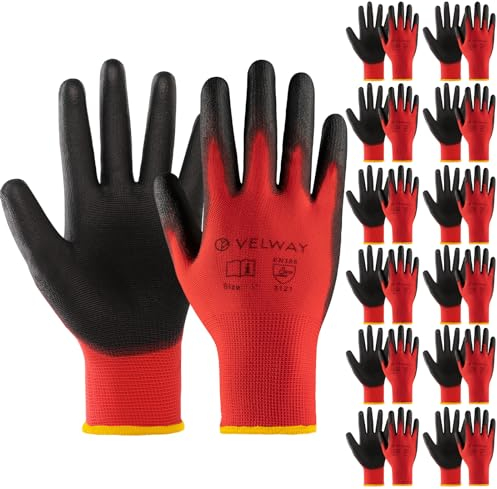 Velway 12 Paar Arbeitshandschuhe Mechaniker Handschuhe - Größe 8 Leichte Damen Gartenhandschuhe Rutschfeste mit PU-Beschichtete Herren Montagehandschuhe Atmungsaktive Handschuhe EN388 - Rot