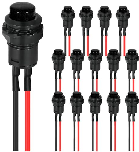 MKBKLLJY 15St. Selbstverriegelnder Schalter 12mm Schwarzer Mini-Rasttaster Schalter ON Off AC 250V/1.5A 125V/3A Micro Rundtaster Schalter 2Pin 12V mit vorverdrahteten Drähten für PC Tischlampe