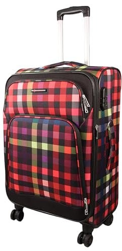 Franky Koffer T1-S Weichgepäck Trolley aus Polyester mit 360° Leichtlaufrollen, Reißverschlussfach und Front Taschen | 47cm x 79cm x 31/35cm (MULTICOLORCHECK, S-Handgepäck 55cm)