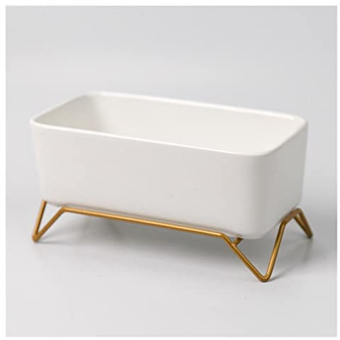 Jardinière Intérieur et Extérieur Pignon de fleurs en céramique blanche avec support en métal doré plante succulente plante cactus planteur avec trou de vidange Pot de fleurs rectangle ovale Pot de Fl