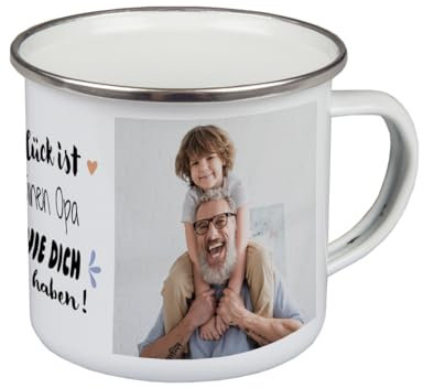 ORWO – 300 ml Emaille-Tasse bedrucken und mit Foto personalisieren | robuste Blechtasse | Emaille-Becher mit Namen | hochwertiger Druck: handmade in Germany (Glück ist)