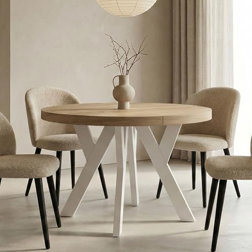 Dekori Möbel Runder Ausziehbarer Tisch für Esszimmer mit Holzbeinen, Pero, Loft-Stil, Skandinavische, Durchmesser Varianten: von 90 bis 220 cm (Eiche Sonoma/Weiß, 90/190 cm)