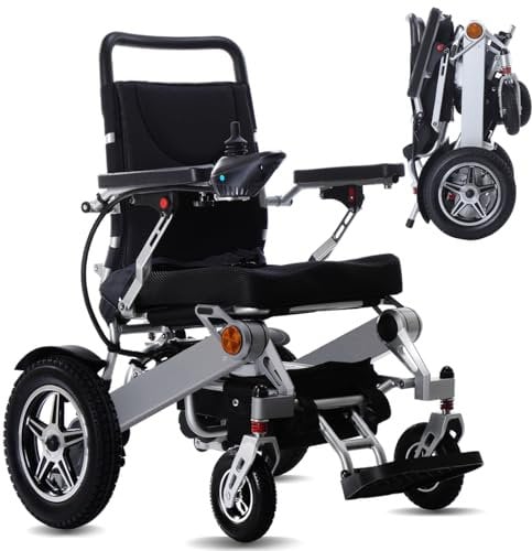 Rollstuhl Elektrisch Faltbar Leicht Elektrorollstuhl, Elektrischer Rollstuhl für Drinnen und Auf Reisen, Faltbarer Rollstuhl mit Elektroantrieb, Hohe Reichweite, Unterstützung 150 Kg, Silber