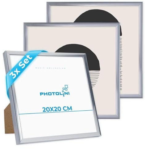 PHOTOLINI Bilderrahmen 20x20 cm Silber, 3er Set Kunststoff-Rahmen schmal, bruchsicheres Acrylglas, zum Aufstellen und Aufhängen, extra Zubehör - Dokumentenrahmen für Urkunden, Zertifikate & Fotos