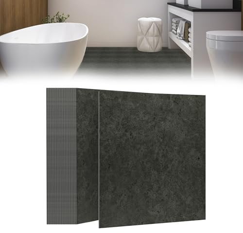 Suusolny Lot de 54 dalles de sol en PVC autocollantes - 5,02 m² - Revêtement de sol en vinyle autocollant - Antidérapant et imperméable - Pour salon, cuisine, salle de bain - Gris foncé