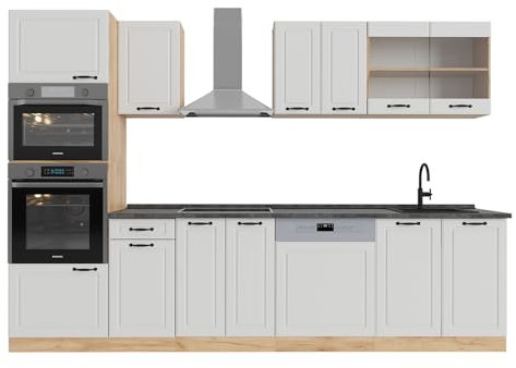 Vicco Cucina componibile R-Line, Casa di campagna bianca/quercia dorata, 300 cm con armadio alto, PL Antracite