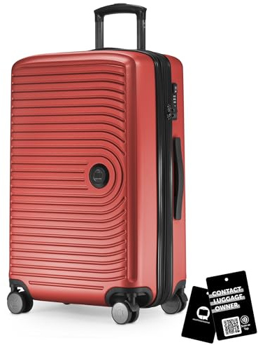 Hauptstadtkoffer Mitte - Mittelgroßer Hartschalen-Koffer + Digitaler Kofferanhänger, Check-In Gepäck mit Volumenerweiterung + Koffertag, TSA, 4 Rollen, 68 cm, 88 L, Rot