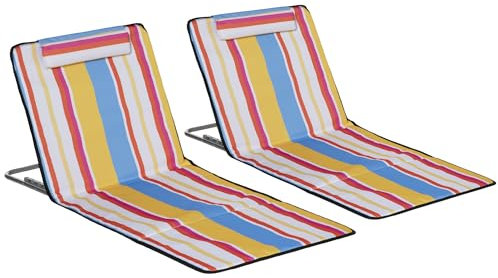 Outsunny Set 2 Sdraio da Spiaggia con Schienale Regolabile su 5 Livelli, Poggiatesta e Borsa da Viaggio, Lettini Spiaggia Pieghevoli in Acciaio e PE, 124x53x35-45 cm, Multicolore