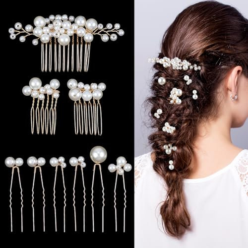 9 Stück U-förmig Haarnadeln Perlen Haarschmuck, Hochzeit Haarspangen Set Kopfschmuck Hochzeit Gold Braut Seitenkämme Haarkämme zum Hochstecken für Frauen Mädchen Brautjungfern