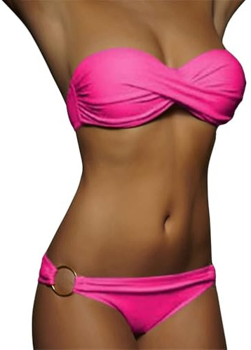 Minetom Maillots de Bain 2 Pièces Femme Été Push Up Bandeau Ensembles Bikini Set Plage Swimsuit Swimwear Beachwear A Rose Vif S