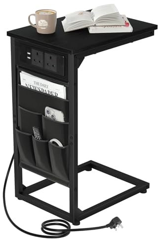AMHANCIBLE C-Shaped Side Table with Charging Station, 2 USB & AC Outlets, Narrow Coffee Bedside Table with Cloth Storage Bag for Sofa, Small Spaces, Living Room, Bedroom, Black HET04CBK-1