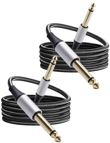 2 Pack Guitar Cable with 6.35mm Straight Jack to Jack, 1/4 Instrument Cable 2m with Gold Plated Connectors, Amp Balanced Lead Nylon Braiding for Electric Guitar Bass Keyboard Mixer Amplifier