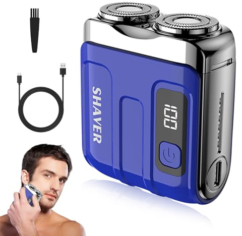Mini Rasierer Herren Elektrisch,Rotationsrasierer für Herren,Tragbarer Reise Rasierer Herren mit LED-Anzeige,IPX7 Wasserdicht Rasierer USB C,Nass Trockenrasierer,Herren Vatertag Geschenke (Blau)